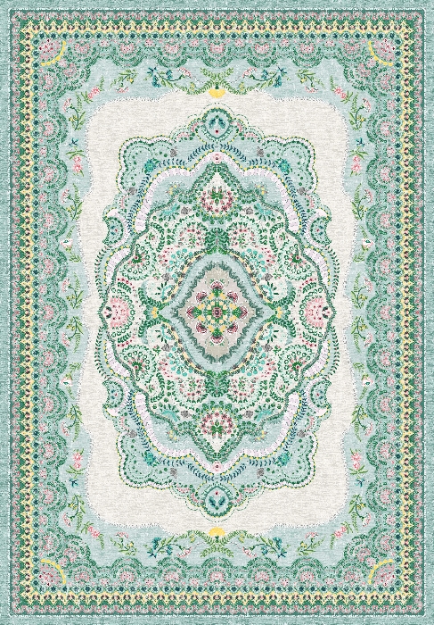 שטיח מלבני בצבעי ירוק, טורקיז, ורוד ושמנת