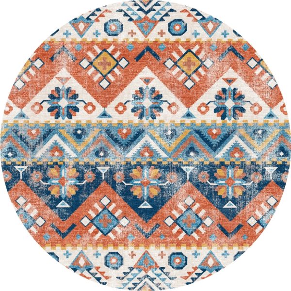 שטיח עגול בדוגמאות אתניות וגיאומטריות