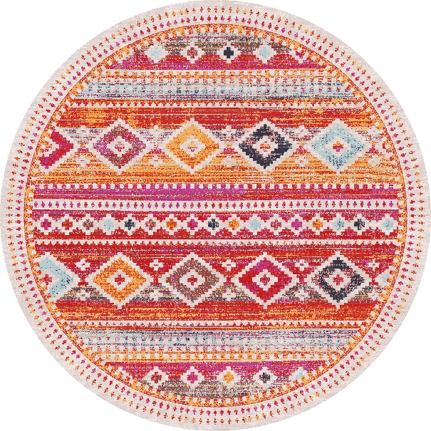 שטיח עגול עם דוגמאות גיאומטריות בצבעים אדומים, כתומים, כחולים ועוד
