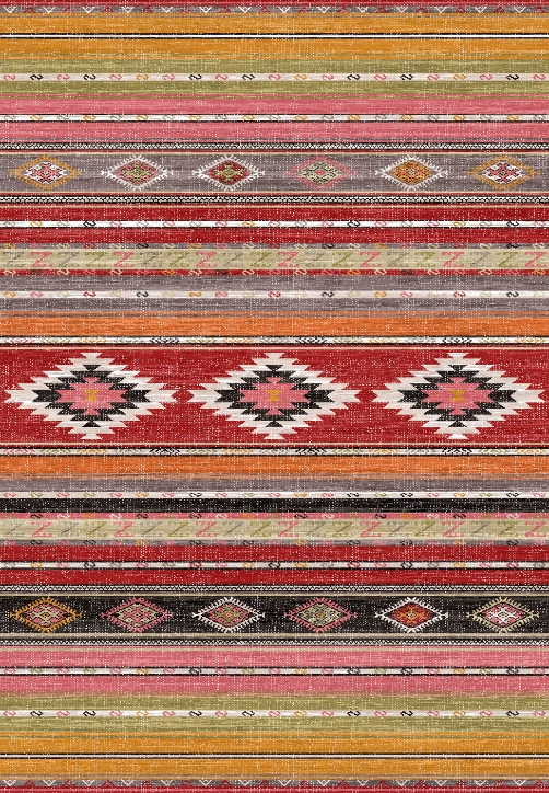 שטיח מלבני עם צורות גיאומטריות בצבעים חמים