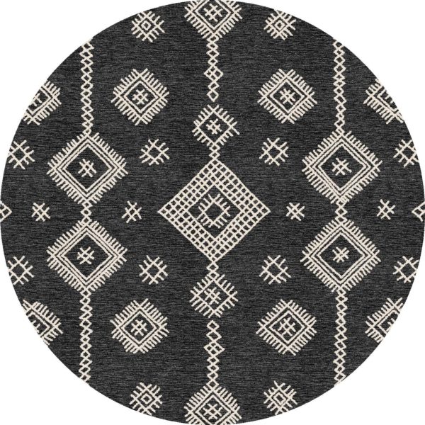 שטיח עגול בצבעי שחור אפור ולבן עם צורות גיאומטריות