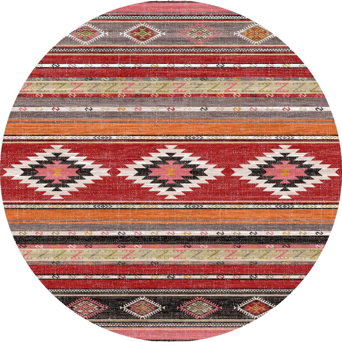 שטיח עגול בצבעים חמים עם צורות גיאומטריות