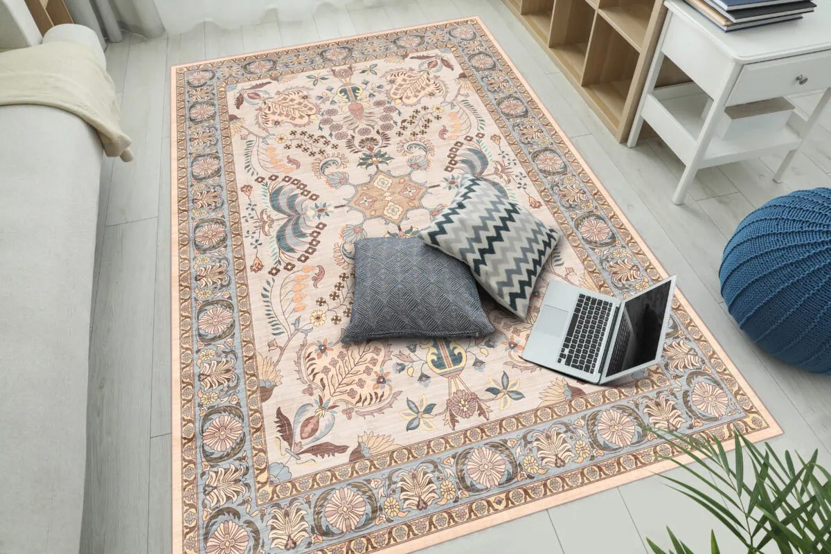 Stylish,Living,Room,With,Beautiful,Carpet,,Laptop,And,Pillows,On