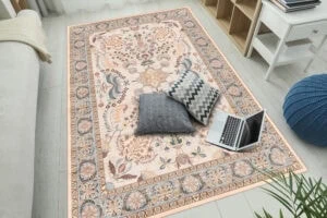 Stylish,Living,Room,With,Beautiful,Carpet,,Laptop,And,Pillows,On